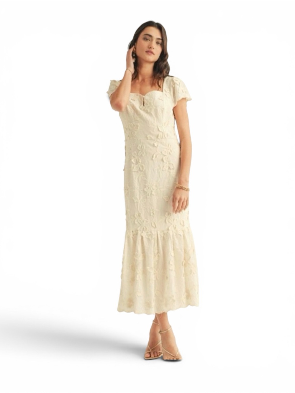 Just Me Ivory Floral Embroidered Midi Dress NWOT Size M